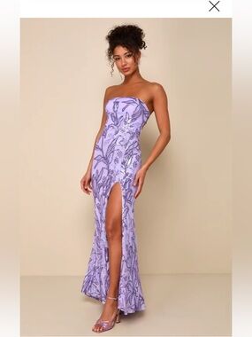 Lulu's Lavender Strapless Sequin Gown with High Slit